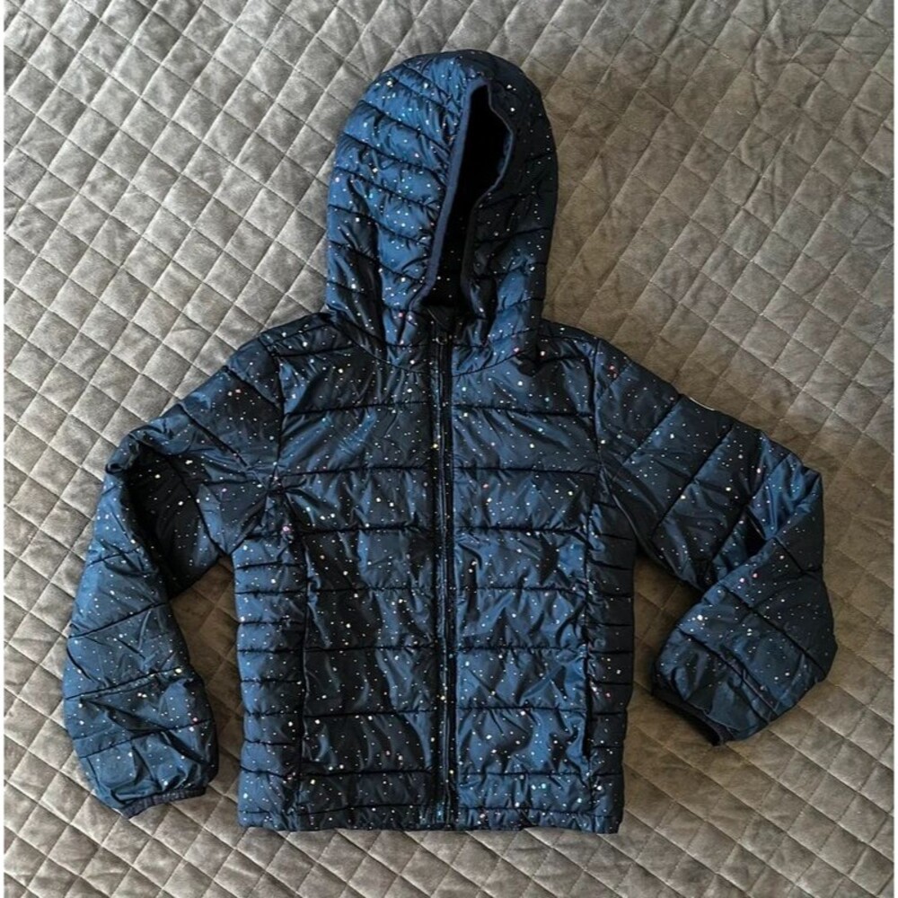 Gap Kids Girls Size Med 8 Hooded Puffer Jacket Navy Rainbow Sparkle Print